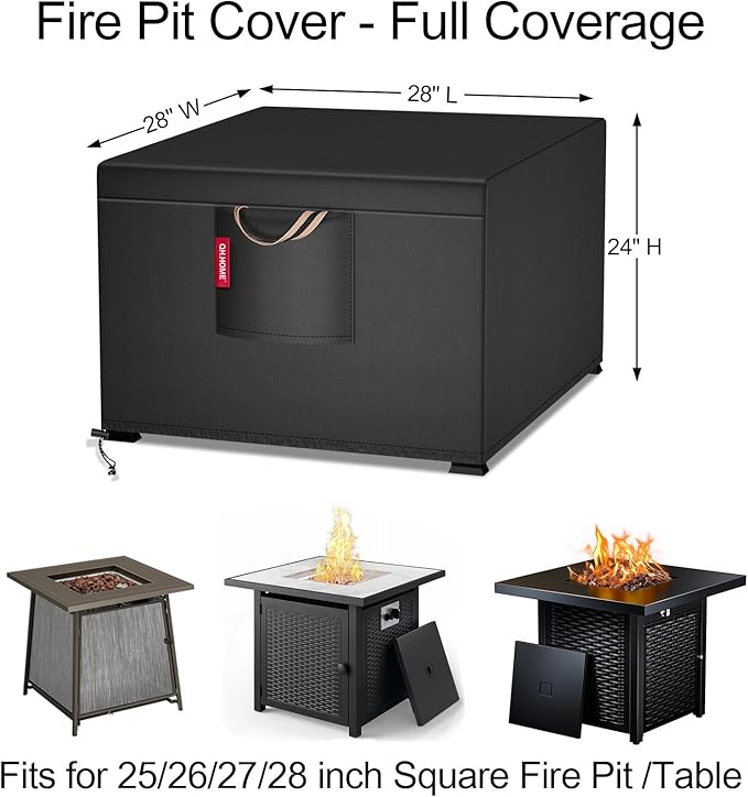 QH.HOME [2026 Upgraded 900D Fabric] Fire Pit Cover for Fire Pit, Super Waterproof fit for Propane Fire Pit Table, Square 28''Lx28''Wx 24"H -Black