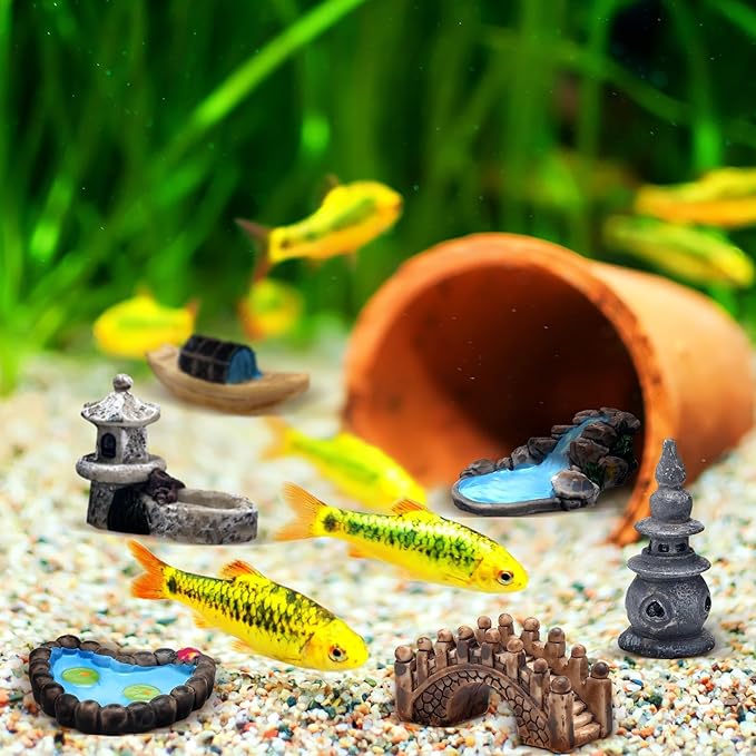 BBTO 24 Pcs Fairy Garden Accessories Architecture Miniatures- Fairy Pond Grass Boat Bridge Chair Figurines Artificial Mini Outdoor Garden Kit Water Features for Crafts Decorations