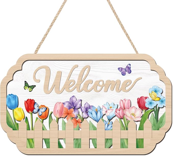 HOURIA 3D Spring Welcome Front Door Sign (11.4”x7”),Floral Butterfly Garden Sign,Colorful Tulip Flower Wreath Sign,Spring Decorations for Home Office Indoor Outdoor