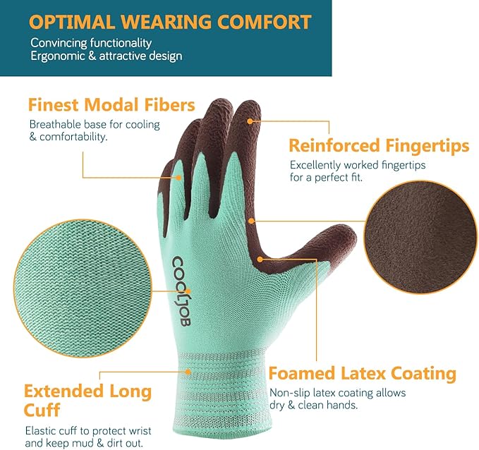 COOLJOB 2 Pairs Breathable Gardening Gloves for Women Large, Stretch Soft Modal Base with Non Slip Rubber Coating, Palm Dipped Grip Work for Gardener Worker in Lawn Yard Factory Garden