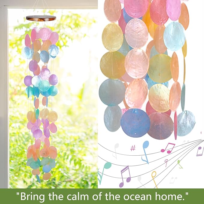 ASTARIN Capiz Shell Wind Chime for Outside 35” Seashell Wind Chimes, Handcrafted Rainbow Capiz Shells Windchime Coastal Style,Unique Outdoor Garden Decor Gift for Women Mother’s Day