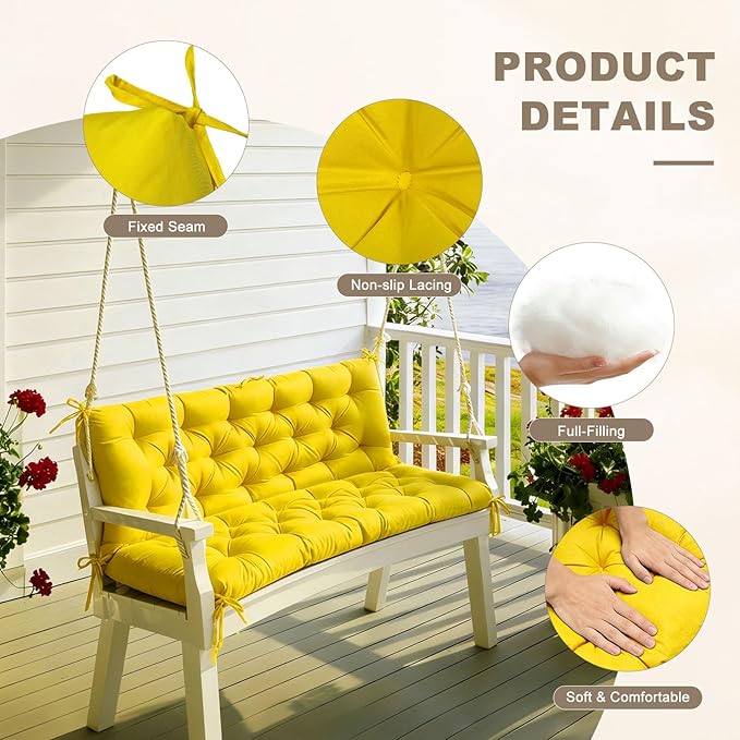 Porch Swing Cushion with Backrest,Waterproof Bench Cushion for Outdoor Furniture,2-3 Seater Replacement Thickened Swing Cushion with Ties,Patio,Outdoor,Backyard and Garden (Yellow,40x40)