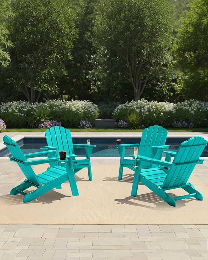 Adirondack Chairs Set of 4, HDPE Material Fire Pit Chairs, Plastic Adirondack Chairs with 2 Cup Holder, Outdoor Lawn Chair for Patio Garden, Lake Blue