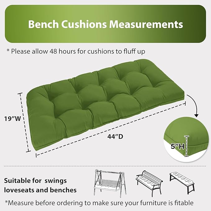 Tufted Bench Cushions for Outdoor Furniture, 44" x 19" Porch Swing Cushions Filled with Foam, Overstuffed Patio Cushions for Bench Loveseat with 2-3 Seats,Thick and Water Resistant, Grass Green