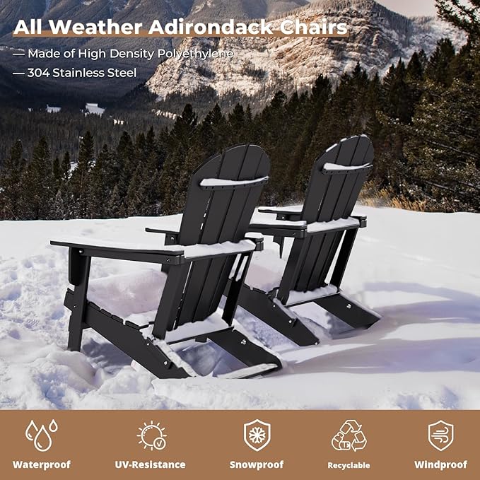 BRIOPAWS Folding-Adirondack-Chairs Set of 4 | HDPE Plastic | Fire Pit Chair | Cup Holder | Curved Back | All Weather | for Outdoor Backyard Deck Patio | Black