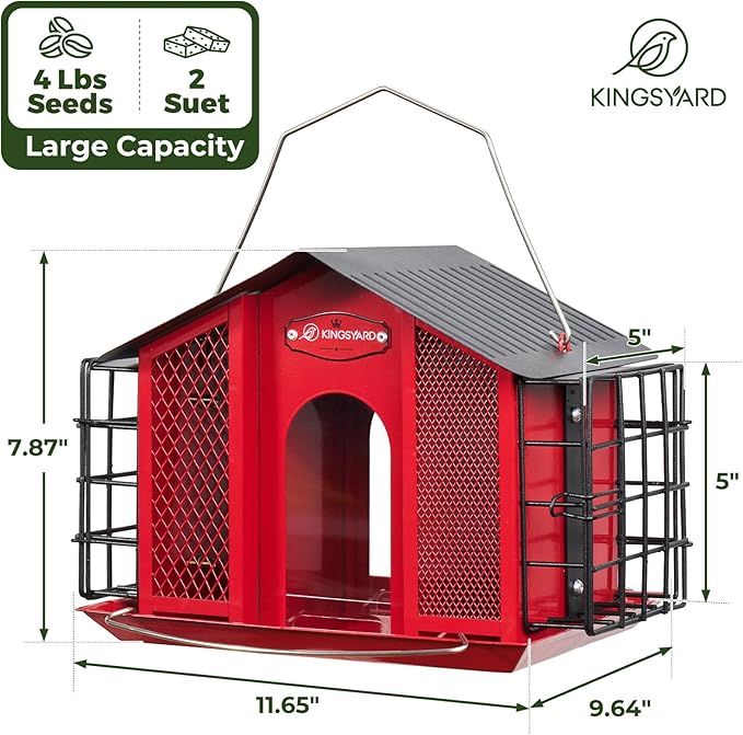 Kingsyard Large Metal Bird Feeders for Outdoors Hanging with Double Suet Cage Weatherproof Roof, 4 in 1 Suet Feeder for Woodpecker, 4 Lbs Capacity Bird Feeder House for Cardinal Finch Chickadee, Red