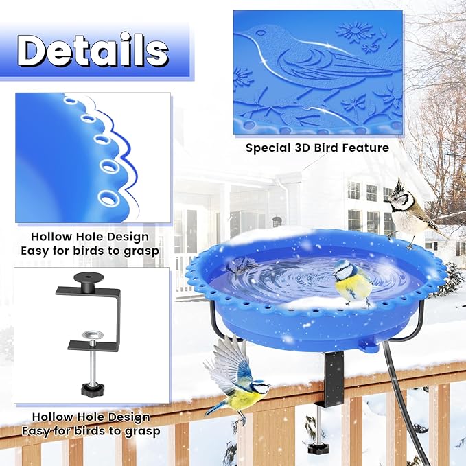 Heated Bird Bath for Outdoors, Upgraded 100W Thermostatically Controlled Heated Bird Baths for Deck Railing Large Capacity Heated Birdbath for Outside Winter Garden Yard Patio Lawn (Blue)