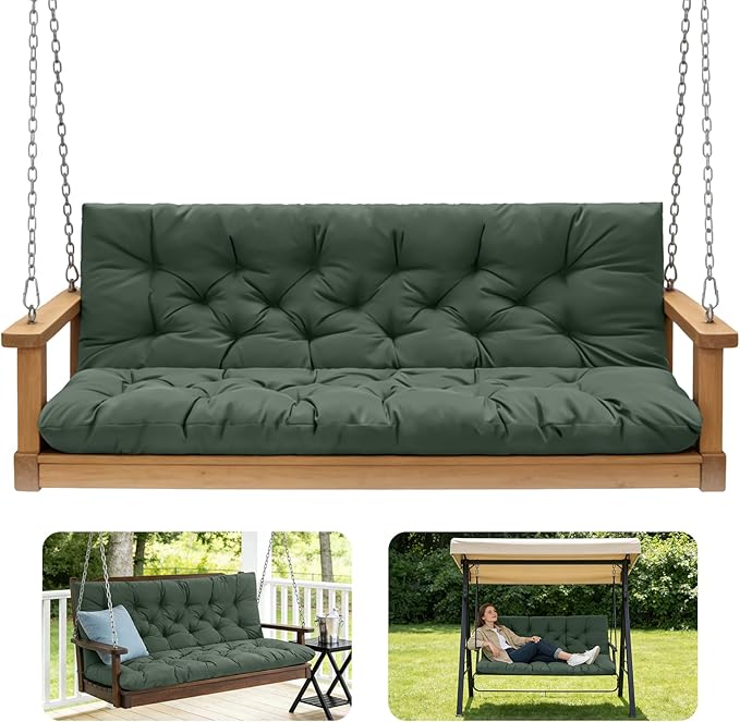 Porch Swing Cushions,Outdoor Cushions 3 Seater Replacement with Backrest, Waterproof Thickened Bench Cushion with Ties for Porch, Patio,Outdoor, Backyard and Garden (Dark Green 47 * 40 in)