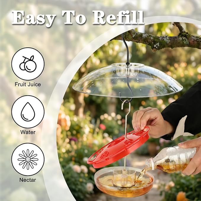 FEED GARDEN 16oz Hummingbird Feeder for Outdoors – Leak-Resistant with Rainproof Dome, Ant Moat & 5 Feeding Ports, Easy Fill & Clean Hanging Nectar Feeder