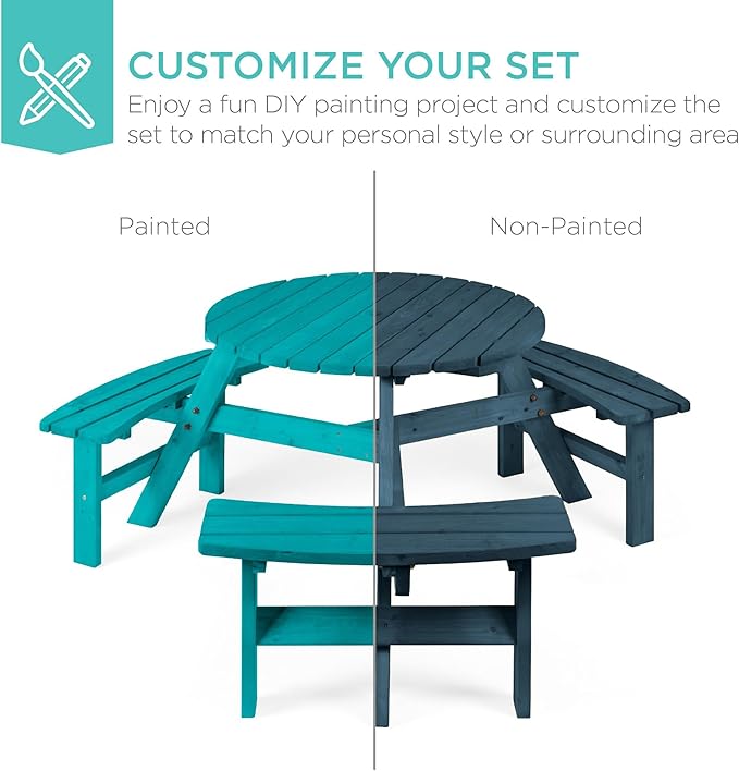 Best Choice Products 6-Person Circular Outdoor Wooden Picnic Table for Patio, Backyard, Garden, DIY w/ 3 Built-in Benches, 500lb Capacity - Harbor Blue
