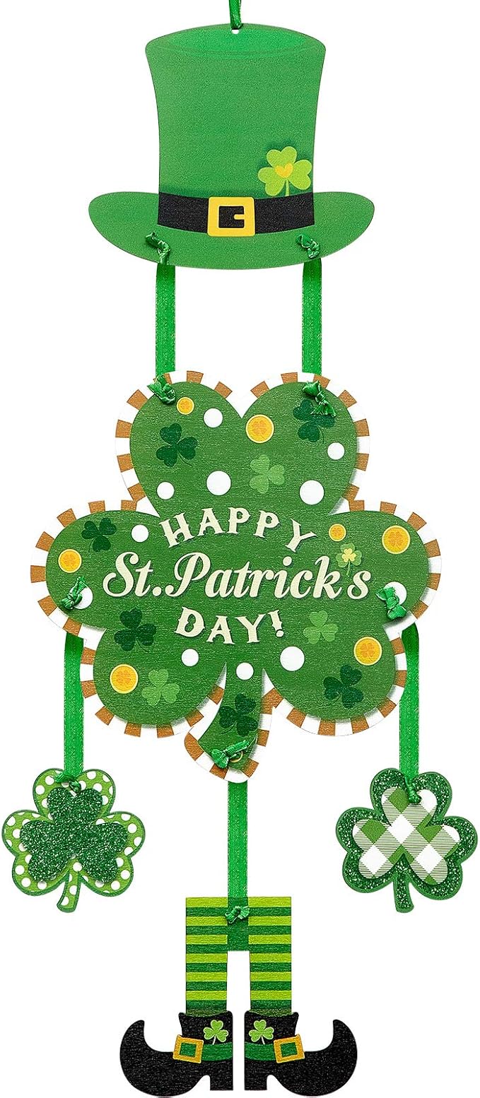 Jetec St. Patrick's Day Door Sign Glittery Shamrock St Patrick's Day Hanging Decorations Irish Hanging Welcome Board Wooden Board for St Patrick's Day Home Window Wall Farmhouse Indoor Outdoor Decor