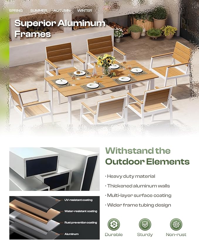 Outdoor Dining Set for 4, Patio Table and Chairs Set with Umbrella Hole, 5 Pieces HDPS + Aluminum Outdoor Furniture Sets for Patio, Garden (White & Teak)