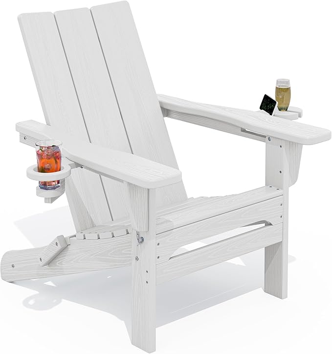 SERWALL Modern Folding Adirondack Chair with Cup Holders, All Weather Resistant Outdoor Adirondack Chair, HDPE Fire Pit Chair for Patio Lawn Graden, White
