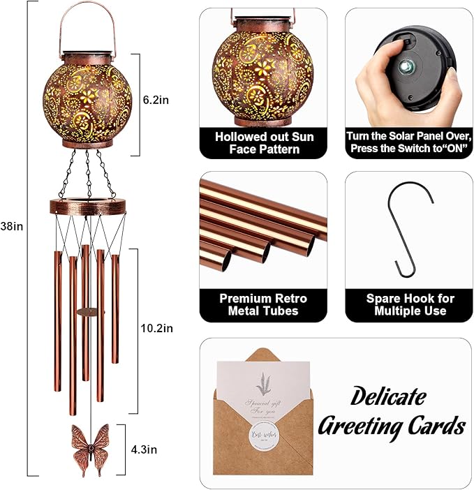 YHmall Solar Wind Chimes for Outside, Hanging Memorial Wind Chimes for Mom Women Grandma, Flower Solar Lantern Windchimes Outdoors for Garden Decor