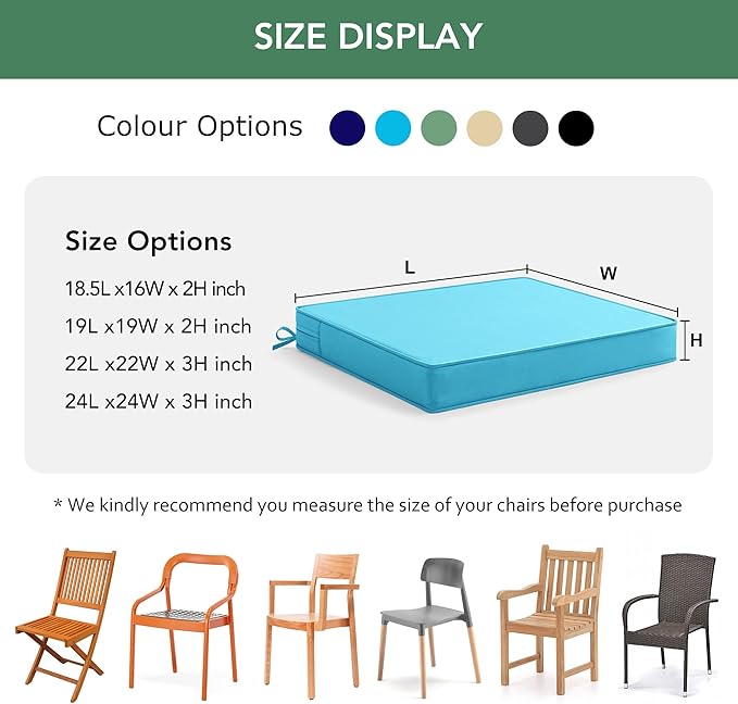 Outdoor Chair Cushions Set of 4: Waterproof & Fade Resistant Deep Seat Cushion for Patio Furniture - 24 x 24 x 3 Inch Chair Pads with Ties and Hidden Zipper - Patio Chair Cushion Replacement, Teal