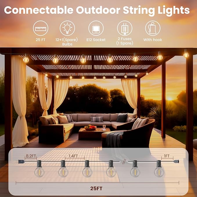 RTTY Dense-Glow Outdoor String Lights 25ft, G40 Led Patio Globe Lights with 13pcs Plastic Bulbs, Shatterproof Waterproof Connectable Hanging for Porch Cafe Bistro Backyard Gazebo Balcony Deck Party