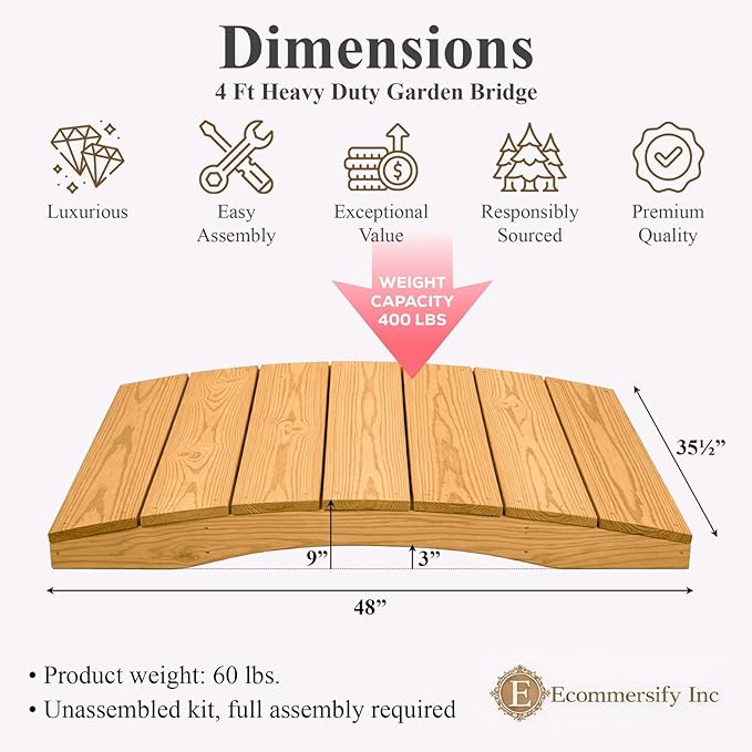 4 FT Oak Amish Made Pinewood Heavy Duty Garden Bridge for Walkway, Backyard Pond & Landscaping, Outdoor Wooden Footbridge for Koi Pond, Japanese Style Decorative Bridge, Made in USA