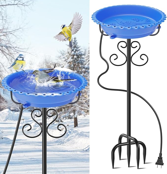 Heated Bird Baths for Outdoors,Upgraded 100W Thermostat Control Heated BirdBaths for Winter with Metal 5 Prong Base Heated Bird Bath for Outside Winter Garden Yard Patio Lawn (Blue)