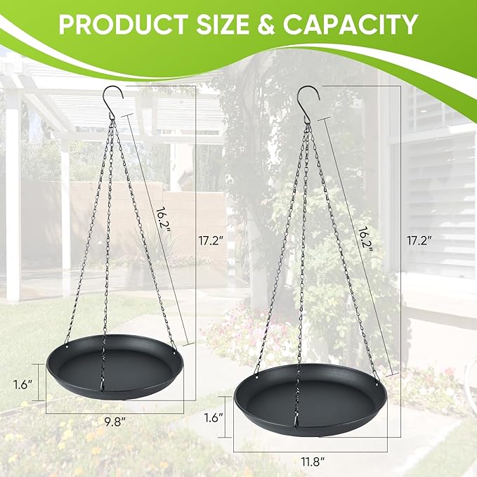 2-Pack Hanging Bird Bath, Outdoor Metal Birdbath with Shallow Feeder Bowl for Wild Birds, Garden, Patio, Deck & Yard, 2 Size (9.8"/11.8" Diameter) (9.8IN-2PACK)
