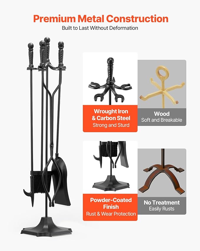 VEVOR Fireplace Tool Set, 5 PCS Fire Tool Set and Holder with Five-Prong Stand, Tongs, Ash Shovel, Brush, Fire Place Poker, Wrought Iron Fireplace Accessories for Campfire Indoor/Outdoor, Black