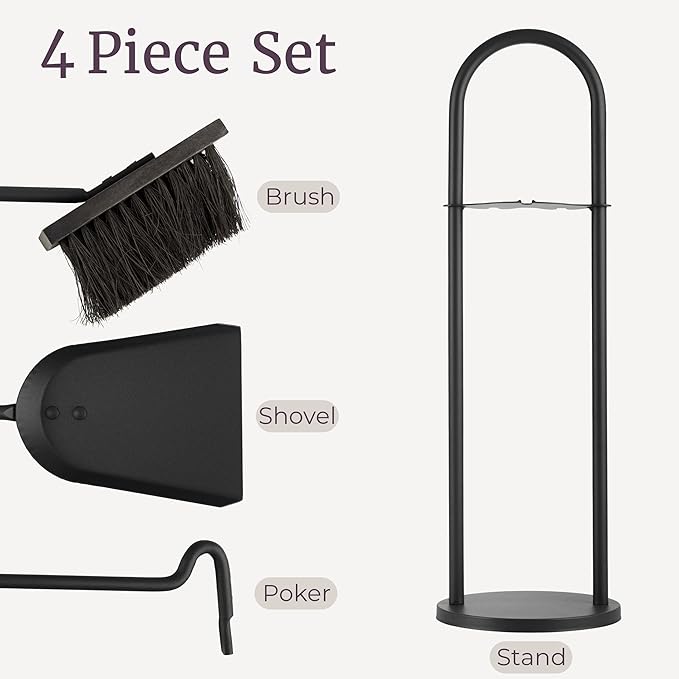 Lavish Home 5 Piece Fireplace Tools Set Indoor Outdoor -Fireplace Accessories Set with Poker, Brush, Shovel, and Firewood Rack Stand - Fire Tools for Fire Places, Firepits, and Woodstoves (Black)