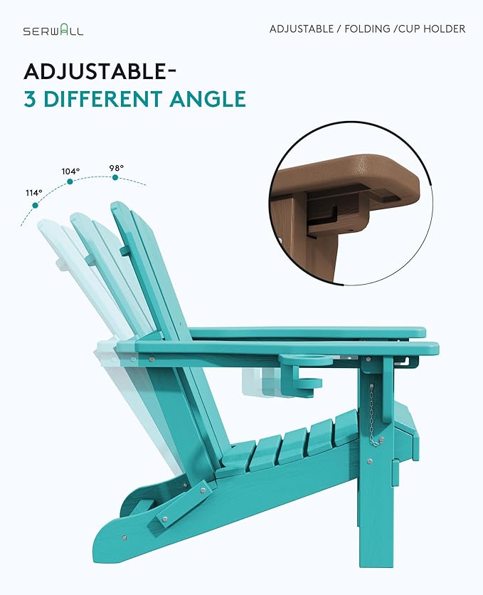 SERWALL Folding Adirondack Chair Set of 2, Adjustable Adirondack Chair with 3 Recline Positions, All Weather HDPE Outdoor Adirondack with Cup Holders, Aruba