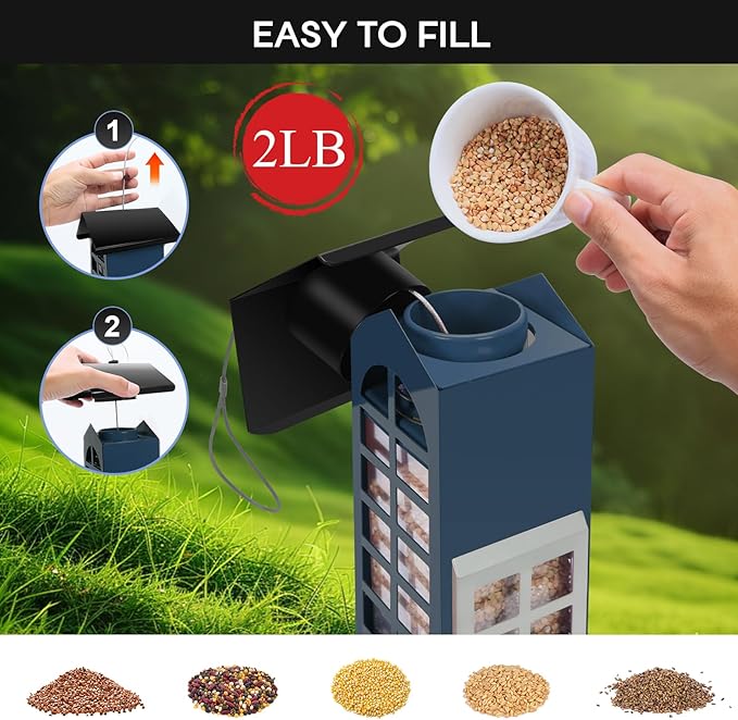 Squirrel Proof Bird Feeder,Metal Mesh Hanging Outdoor Bird Feeders with Weight Activated 2LB Capacity for Finch, Cardinal, Chickadee and Blue Jay-Blue