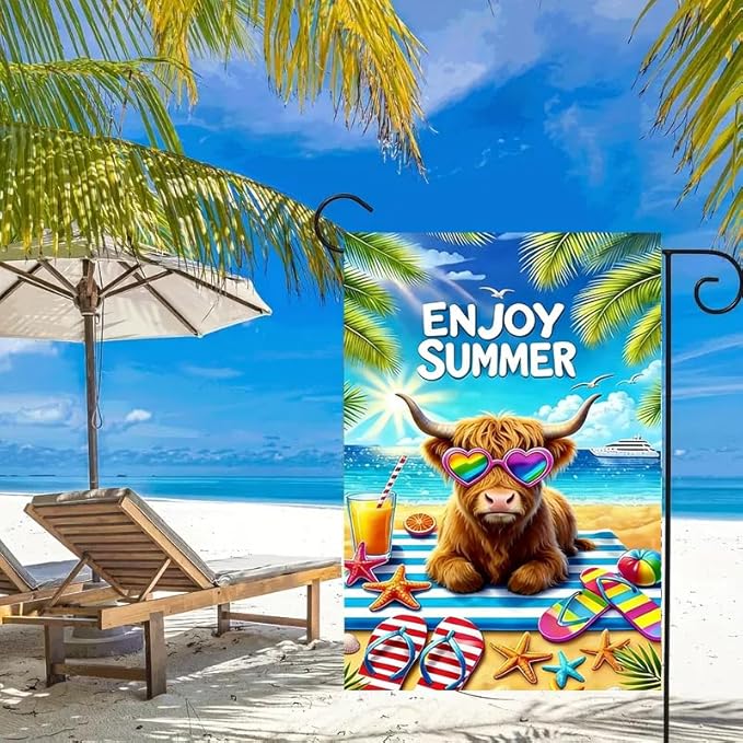 Summer Garden Flags 12x18 Inch Double Sided, Burlap Seasonal Farmhouse Beach Highland Cow Garden Flag Summer Outdoor Garden Decor, Small Decorative Yard Lawn Porch Flags for Outside