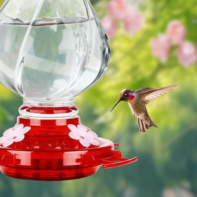 Hummingbird Feeder, BOLITE Glass Hummingbird Feeders for Outdoors Hanging, with Ant Moat and 4 Bee Guard Feeding Ports, 22oz, Leak Proof, Clear & Red, Birthday Gifts for Women Men, Gifts for Mom Dad
