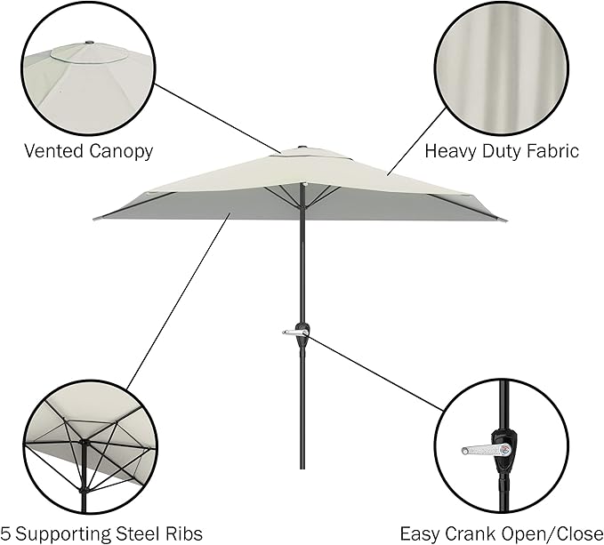 Half Umbrella Outdoor Patio Shade - 9 ft Patio Umbrella with Easy Crank - Small Canopy for Balcony, Table, or Deck by Pure Garden (Tan)