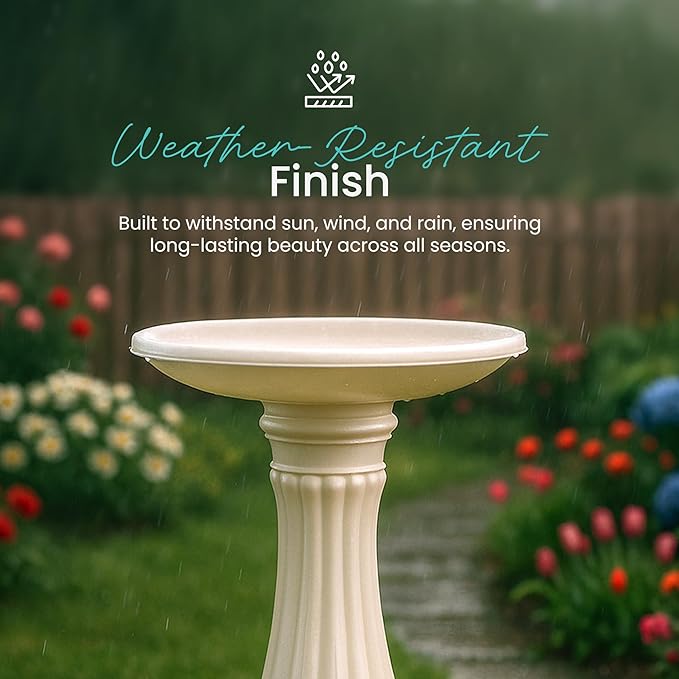 Bird Bath for Outside, Round Outdoor Patio Lawn and Garden Decor with Fillable Base for Stability, 17"D x 25"H, White
