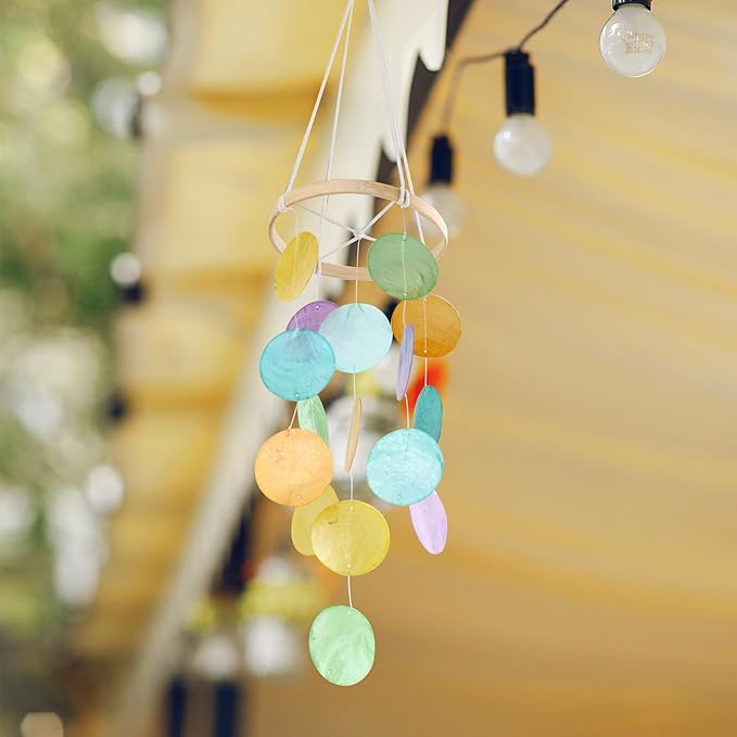Capiz Wind Chimes for Outside, Outdoor Seashell Hanging Beach Coast Ocean Home Decorative, Rainbow Color Natural Shell Waterfall Windchimes for Summer Patio, Window, Porch, Memorial Gift（Multicolor