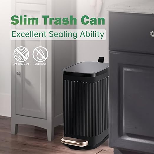 Small Dog Poop Trash Can Outside Soft Close Odor Filter&Step Pedal, 5L/1.3 Gal Stainless Steel Black Bathroom Garbage Can with Lid Inner Bucket,Slim Metal Waste Basket- Bedroom Office Cat Poop