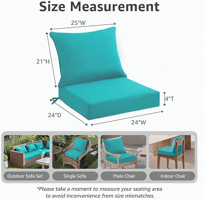 Outdoor Seat Cushion Set 24 x 24 x 4 Inch, Waterproof & Fade Resistant Patio Furniture Cushions with Removable Cover and Ties, Thick Deep Seating Pads for Outside Chair Sofa Couch, Teal