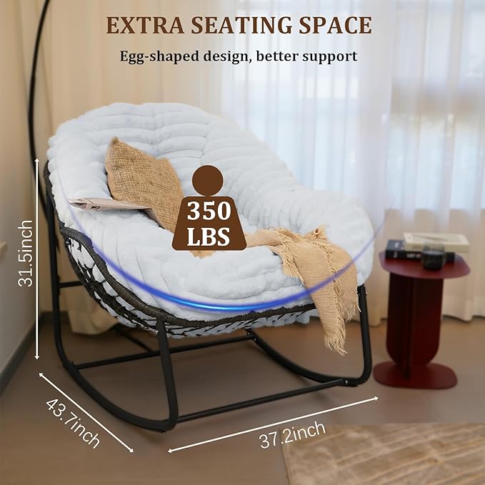 Outdoor Rocking Chair, Patio Wicker Egg Chair, Indoor Comfy Oversized Papasan Chair with Padded Cushion, Royal Rattan Rocker for Front Porch, Garden, Patio (White)