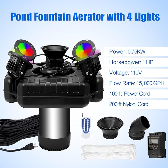 1HP Pond Fountain Aerator for Large Pond & Lake, 15000 GPH Pond Fountain with 4 RGB Lights, 110V/750W Stainless Steel Floating Aerating Fountain with Timer, 100 ft Power Cord & 200 ft Nylon Rope