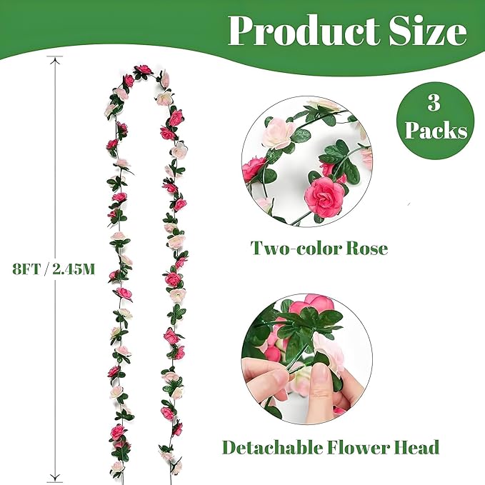 3 Pcs 8FT Flower Garland Artificial Flowers for Outdoors Fake Rose Vine Ivy Silk Flowers for Decoration/Anniversary/Wedding Birthday/Christmas/Home Decor/Garden Decor (Pink)