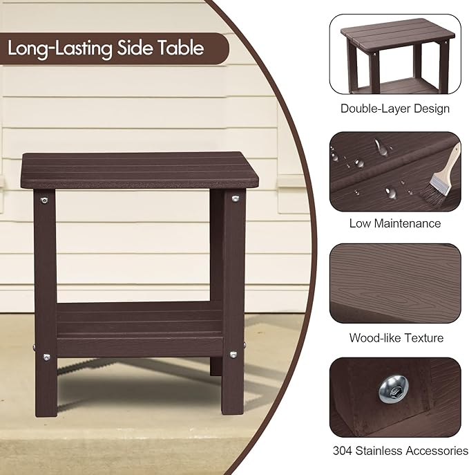Folding Adirondack Chairs, HDPE Plastic Adirondack Chair with Side Table, Weather Resistant, Unfading, for Patio, Fire Pit, Balcony, Front Porch, Deck-Brown