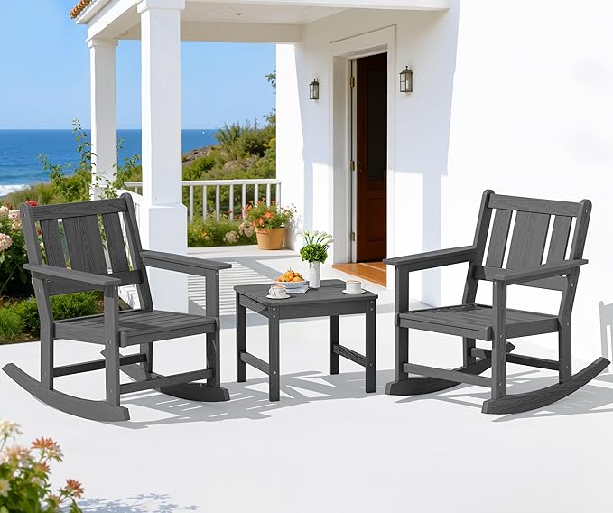SERWALL Outdoor Rocking Chair Set of 2 with Side Table, All-Weather HDPE 3 Piece Patio Furniture Set, Outdoor Bistro Set with Pre-Drilled Hole for Porch Deck Lawn Balcony, Grey