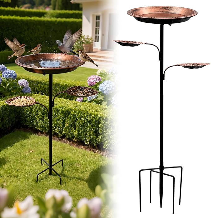 SPOKKI Metal Bird Bath for Outdoors,12 Inch Bath Bowl with 2 Bird Feeders,All Metal Rustproof Standing Birdbaths for Garden Yard Lawn Patio Outdoor Decor,Upgraded 5-Pronged Base (Antique Bronze)