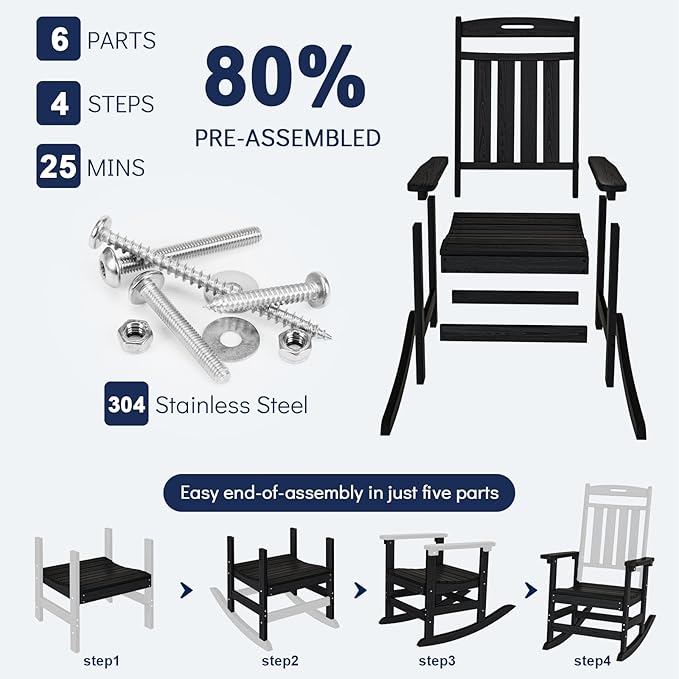 Plawdlik Oversized Rocking Chair,HDPE All-Weather Outdoor Rocking Chair,Patio Rocking Chairs for Porch.Black