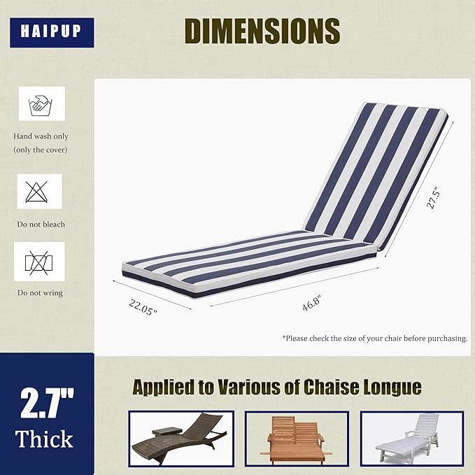 Outdoor Chaise Lounge Chair Cushions 2 Pack, Thick Waterproof Patio Pool Lounge Cushions, Fade Resistant (2, Blue & White Stripe)