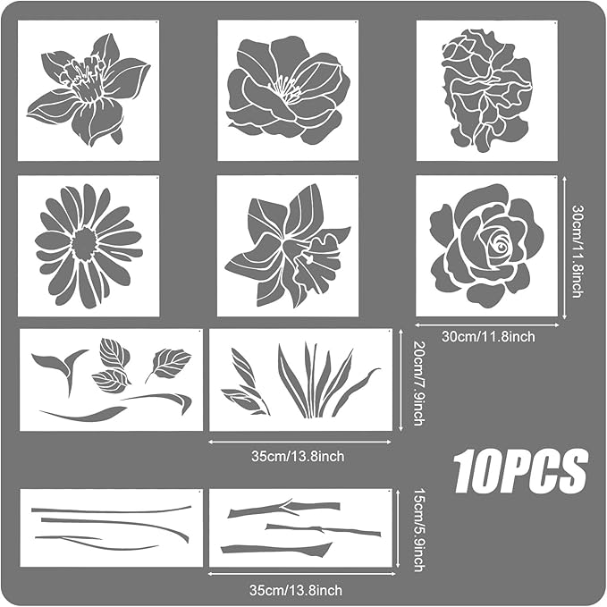 10pcs Flower Stencils for Painting, Large Floral Stencils for Painting on Walls Reusable Flower Templates Stem Leaf Stencils for Painting on Wood Walls Garden Fences Furniture Crafts