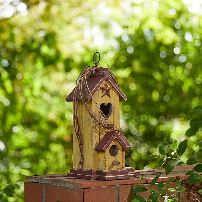 Glitzhome Bird Houses for Outside, Decorative Bird House,11.5"H Distressed Solid Wood Hanging Birdhouses for Outdoors, Hummingbird House Bird Cottage with Rattan for Outdoor Patio Garden,Washed Yellow