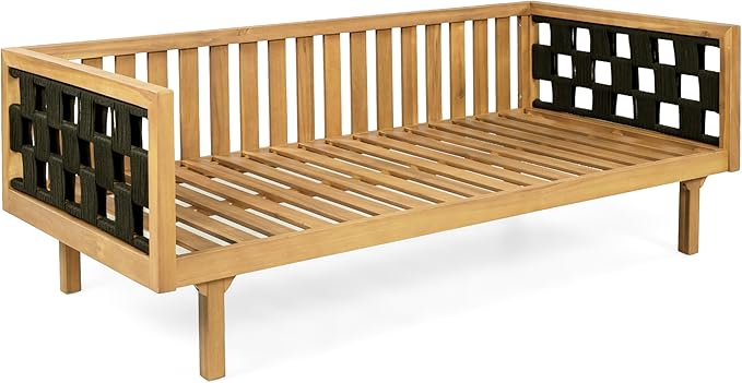 Christopher Knight Home Rosie Acacia Wood Outdoor Daybed Sofa with Water-Resistant Cushion, Solid Wood Patio 3 Seater Sofa Couch, Patio Garden Lounge Sofa with Woven Rope Accent, Black+Teak+Beige