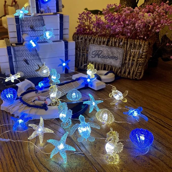 Coastal Solar String Lights Outdoor Garden Lights Marine Life Solar Fairy Garden Lights for Outside 14ft 40LED Waterproof Turtle Seahorse Starfish Clam Beach House Nautical String Lights Yard Decor