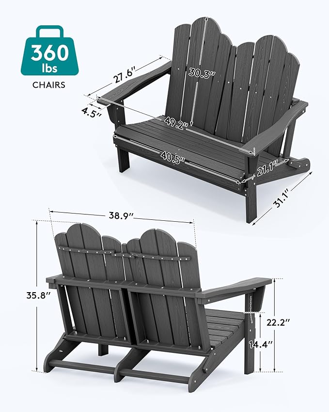 SERWALL Outdoor Patio Adirondack Set, 2 Folding Adirondack Bench & 1 Coffee Table with Umbrella Hole, HDPE All-Weather Adirondack Furniture Set for Front Porch Garden Balcony Backyard, Grey