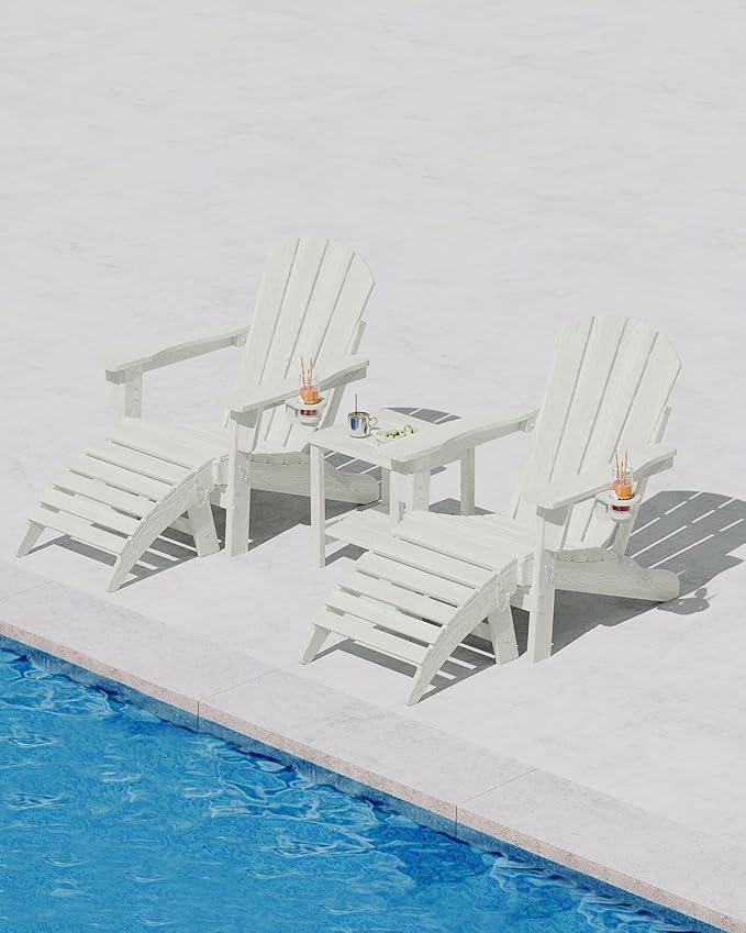 Folding Adirondack Chair Set of 2 with Ottoman, All-Weather HDPE Outdoor Chair, Wooden Textured with Cup Holder for patios, Decks, Gardens, fire pits, White