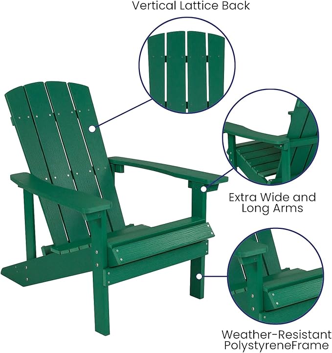 Flash Furniture Charlestown Commercial Grade Indoor/Outdoor Adirondack Chair, Weather Resistant Durable Poly Resin Deck and Patio Seating, Green