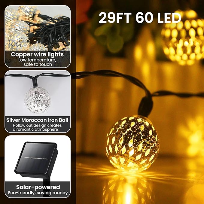 Solar String Lights Outdoor 60LED Moroccan Fairy Lights with 8 Modes Solar Garden Lights Outdoor Waterproof Globe String Lights for Garden Patio Wedding Diwali Christmas Decor, Warm White